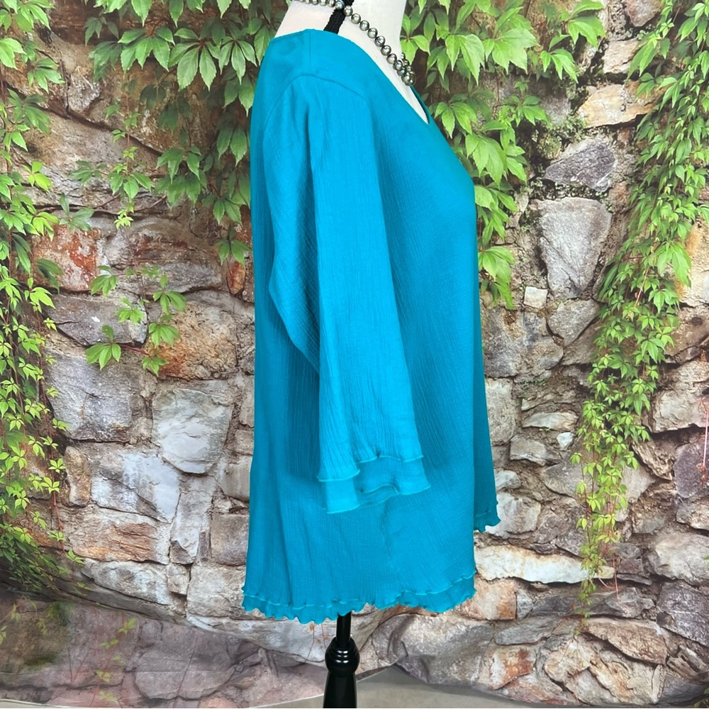 NWT SOFT SURROUNDINGS Scoop Neck 3/4 Sleeve Peacock Green Gauze Layered Blouse M - Picture 9 of 12